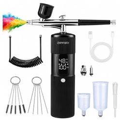 Cordless Airbrush Kit Compressor 48PSI 6000mAh Rechargeable 0.2/0.5 Non-Clogging Nozzles, 3-Speed, 10/20/40ml Cups, Nail Art, Cake Decorating, Makeup,