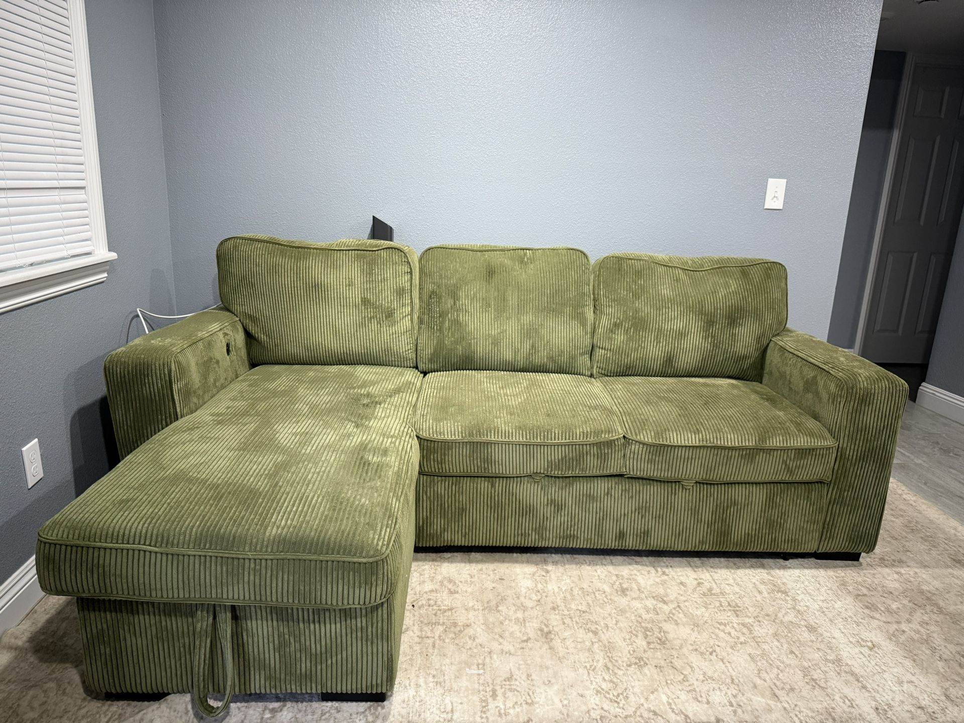 🌿 Green Corduroy Sectional w/ Pull-Out Bed + Storage + USB Ports 🛋️✨