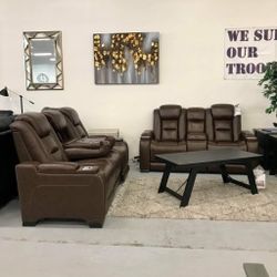 The Man-Den 2 Piece Power Reclining Sofa And Loveseat / With USB Port