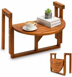 VINGLI Acacia Wood Folding Balcony Hanging Table – Adjustable Height & Width, Balcony Railing Table