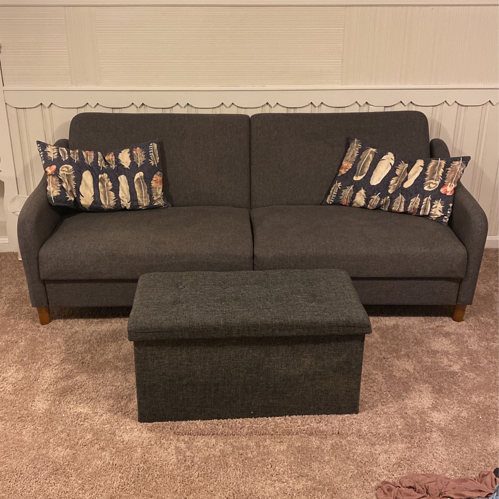 Fabric Couch W/ Pillows And Storage Ottoman 