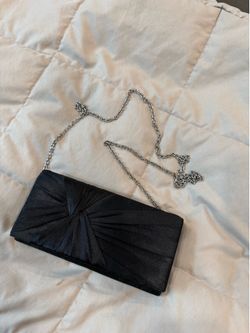 Black Satin Clutch with Silver Chain Strap