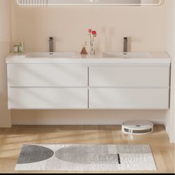 72” Solid White Wood Floating Bathroom Vanity – Modern Wall-Mounted Design