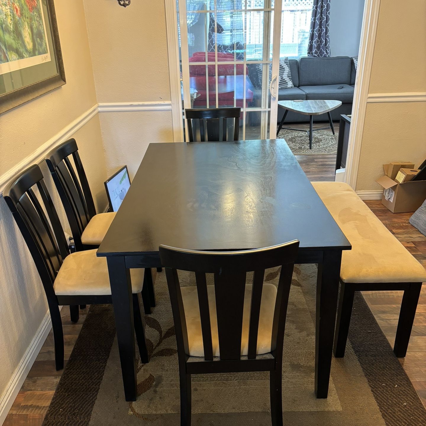 DINING ROOM TABLE - SEATS 6 - 4 CHAIR + BENCH