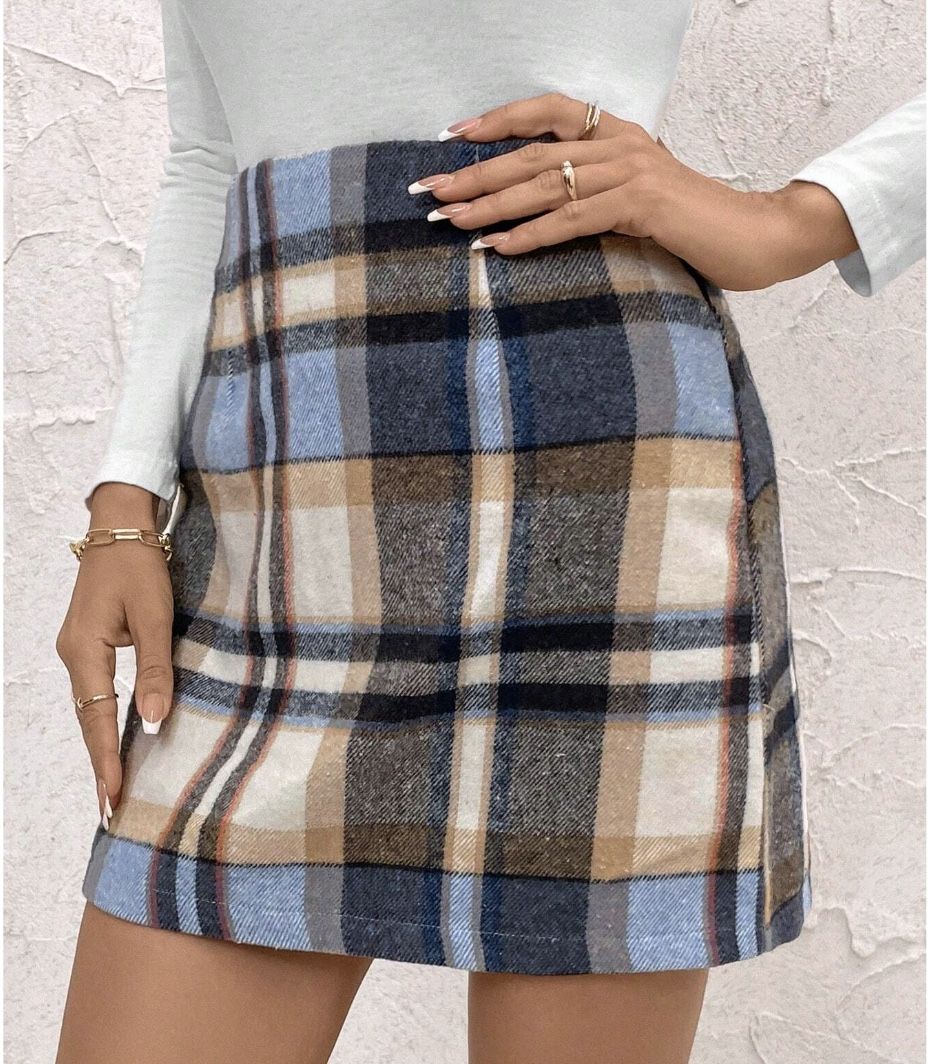 Sold Out! Shein Blue White Plaid Skirt size S