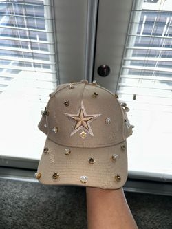Custom Tan New Era baseball cap with rhinestones and pearls