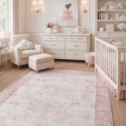 New Washable, Soft Pink Floral Nursery Rug