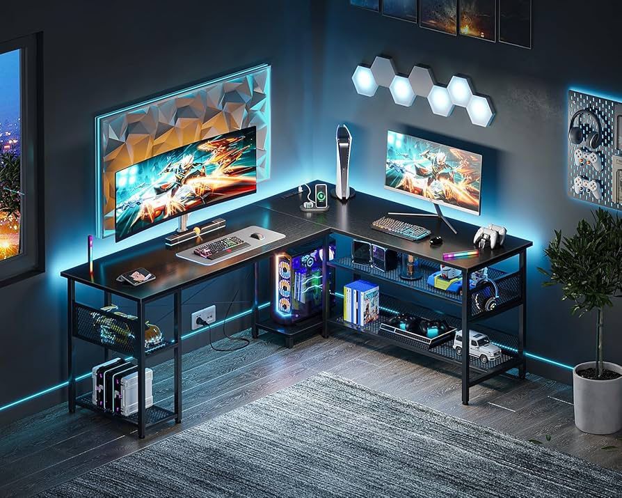 New ODK 66" L Shaped Desk with Power Outlet and USB Charging Ports, Reversible L Shaped Computer Desk with Storage Shelves, Home Office Desk, Gaming D