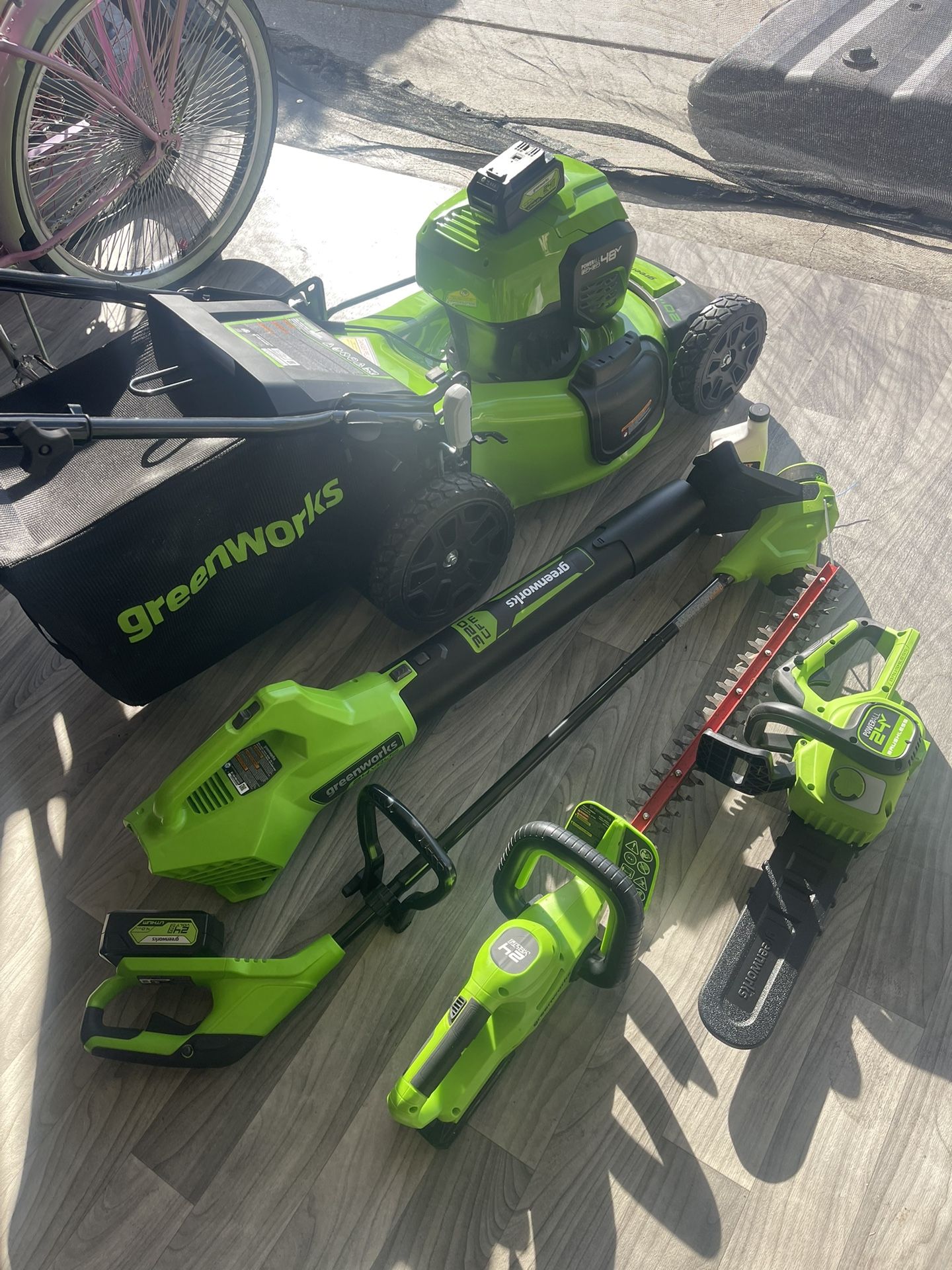Greenworks Lawn Set Mower, Trimmer, Blower, Hedge Trimmer, Chainsaw