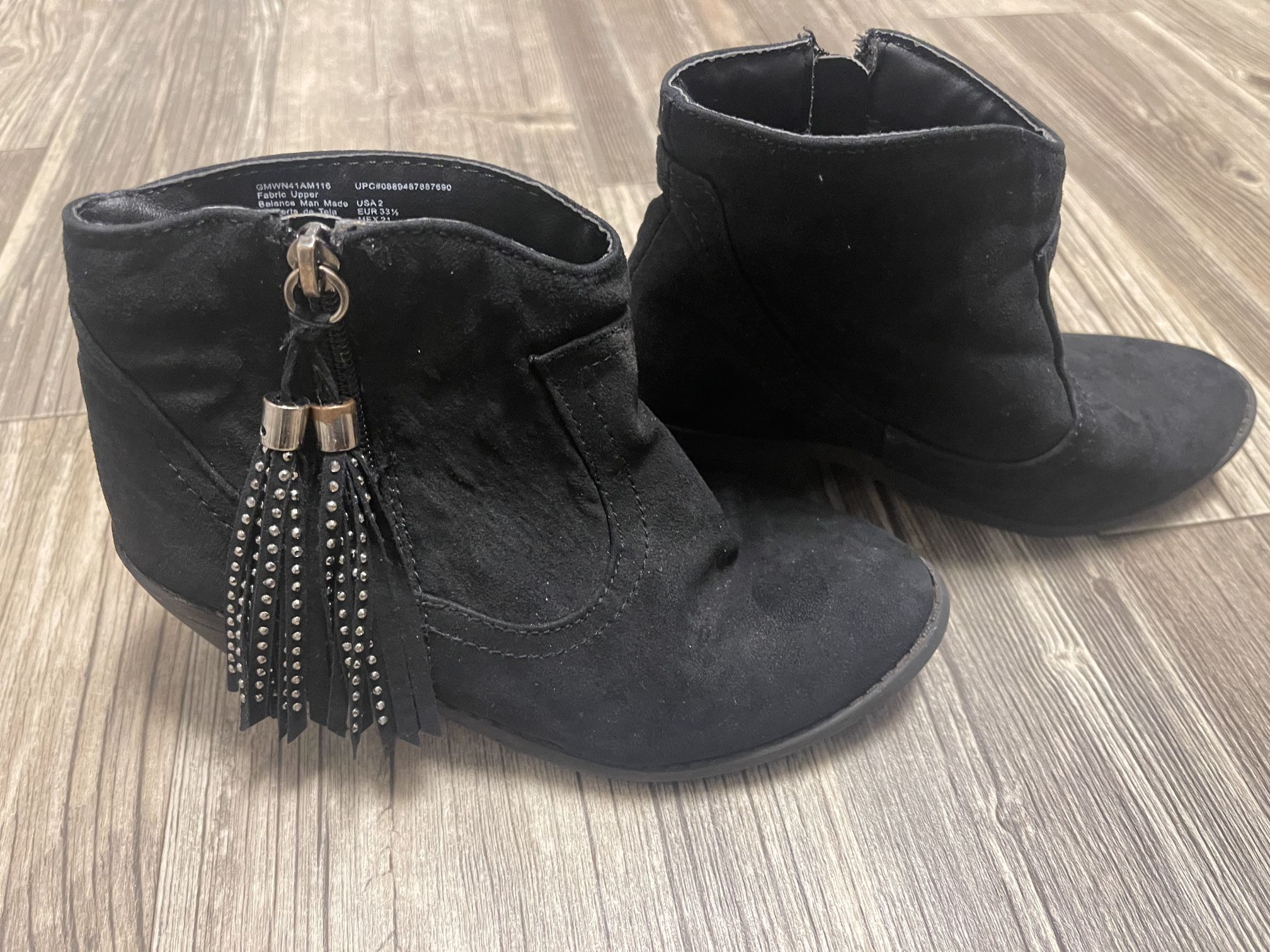 Size 2 girls Wonder Nation Girls Cowboy Ankle Booties Black Fringe Studded Side Zipper