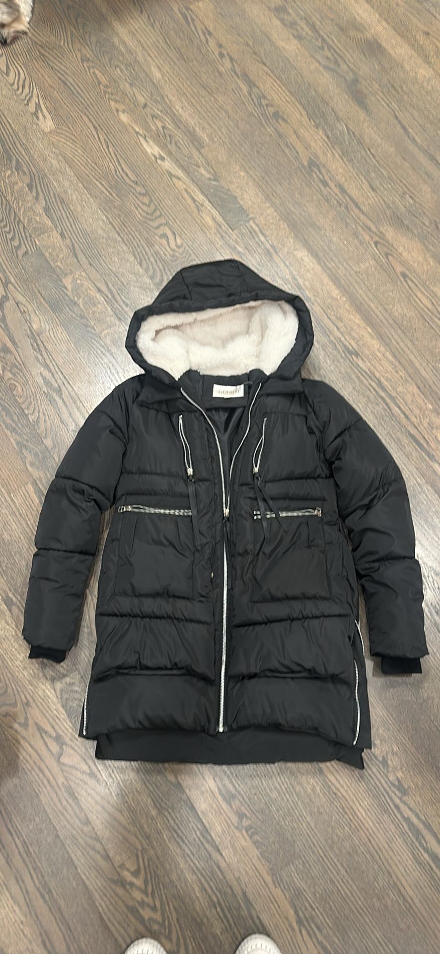 Dongxi Black Coat w/ Cream Sherpa Lined Hood Women's Size Medium