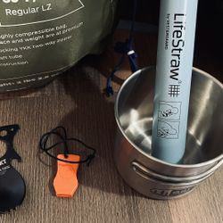 Lifestraw Personal Water Filter, CRKT Eat'N Tool Outdoor Spork Multitool, Emergency Whistle and GSI Glacier Stainless Steel 20 Oz Bottle Cup 