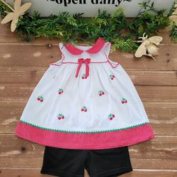 18MOS 2-PIECE OUTFIT RED & WHITE POLKA-DOT PETER PAN COLLAR BABYDOLL CHERRY TUNIC W/BLACK LOUNGE SHORTS