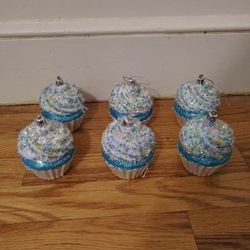 Set Of 6 Blue Cupcake Ornaments With Glitter Details