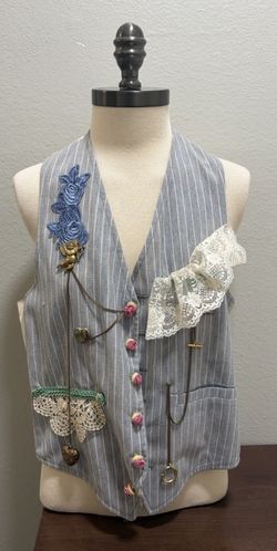 Vintage Wool Rayon Blend Appliqué Blue Pinstripe Button Vest