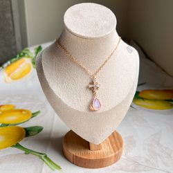 Pink Opal Crystal Cross Shaped Boho Bohemian Elegant Casual Gift Necklace