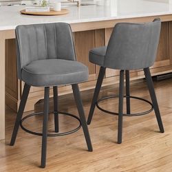 Set of 2 Swivel Faux Leather Barstools Dark Grey 