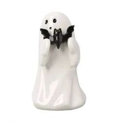 Ceramic White Ghost Holding Bat Halloween Figurine Collectible