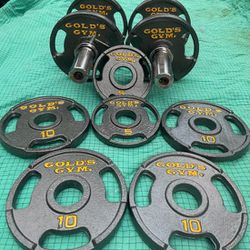 GOLDS GYM ADJUSTABLE DUMBBELLS :  110 TOTAL LBS. (EIGHT)  : 10s   &  (TWO)  :  5s   & Two New Dumbbell Bars