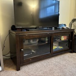 Wood TV Console Table With Glass Doors