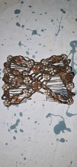Vintage Mid Century Double Comb Brown Beaded Bun Banana Hair Clip Stretch