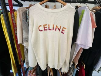 Celine Sequin Embellished Ribbed Wool Sweater Cream White Logo Designer Knit Pullover Size L