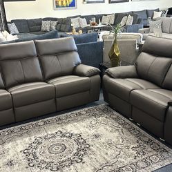 Brown Match Leather Sofa And Loveseat Manual Recliner 