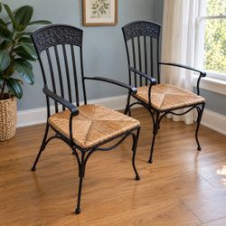 Decorative Iron Armchairs with Woven Seats – Pair