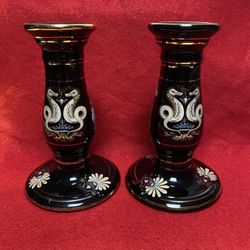 Set of 2 6.25 Inch 24k Black & Gold Handmade In Greece Imported From Greece Greek Ceramic Candle Holders 