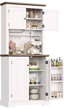Farmhouse Kitchen Pantry Cabinet with Microwave Stand Kitchen Hutch Coffee Bar Cabinet with Built‑In Power Strip, Adjustable Shelf, Door Storage & Win