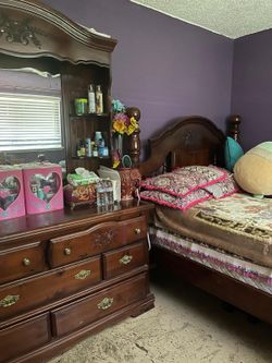 Bed frame, queen mattress, vanity