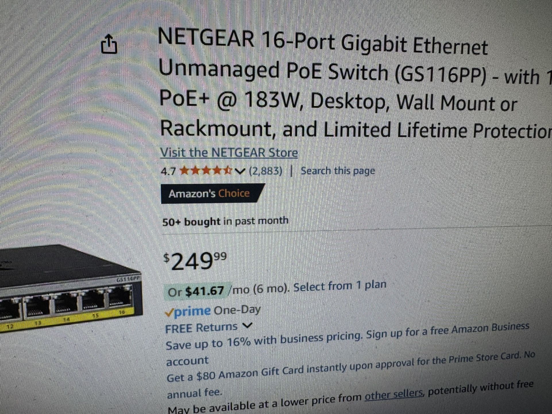 NETGEAR 16 Port Gigabit Ethernet Switch POE