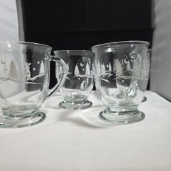 Anchor Hocking Christmas Deer Clear Glass Pedestal Mug Set Of 4 (DF)