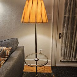 Vintage MCM Style Brass Standing Floor Lamp With Glass Tray Table And Pleated Shade