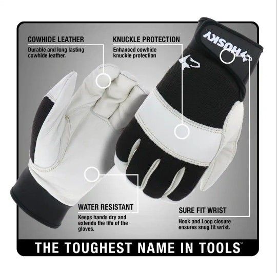 Husky Water Resistant cowhide LEATHER Performance Work Glove with Spandex Back - L XL