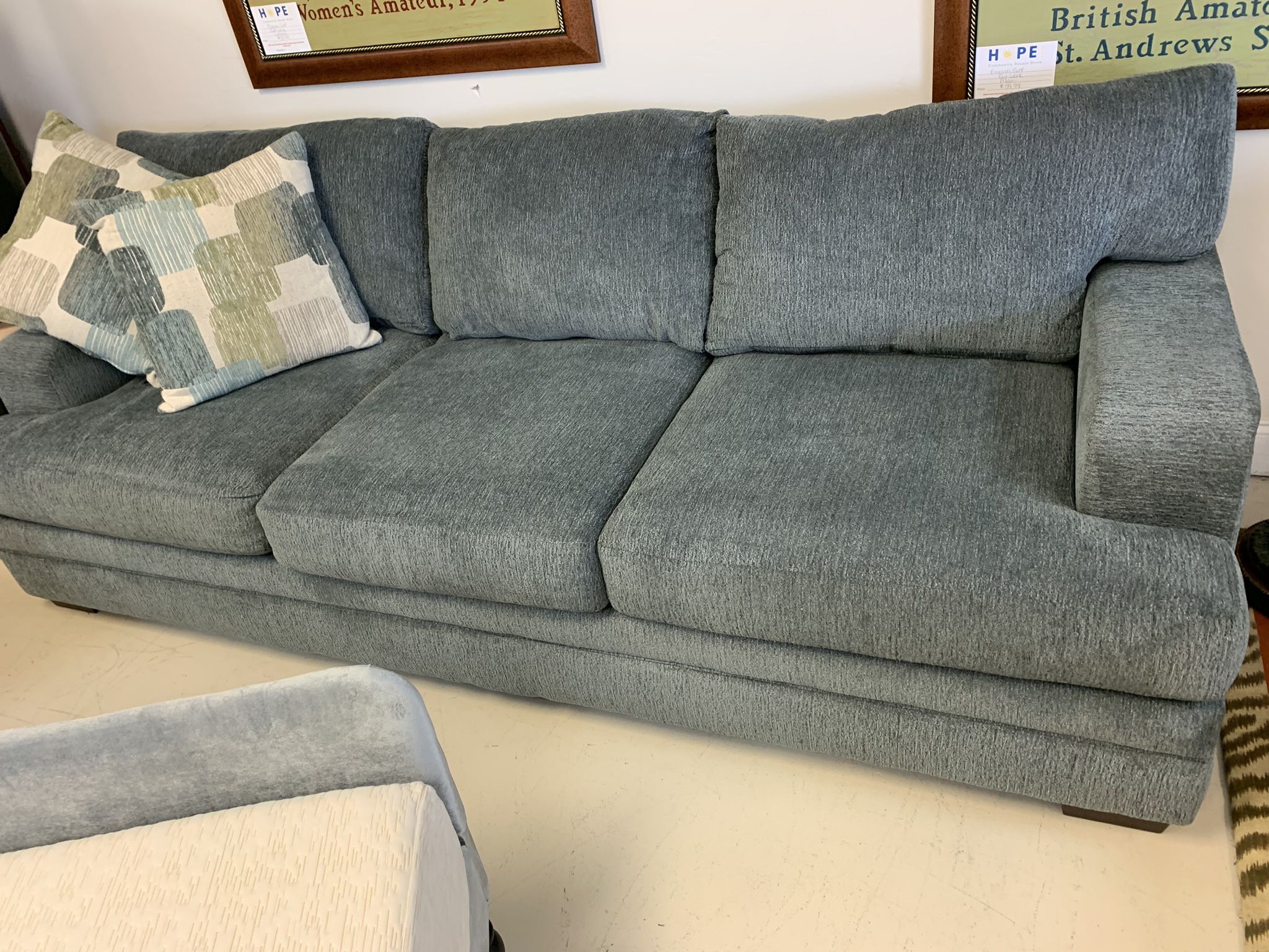 Blue With Gray Tones Chenille Fabric Extra Long Couch With 2 Pillows