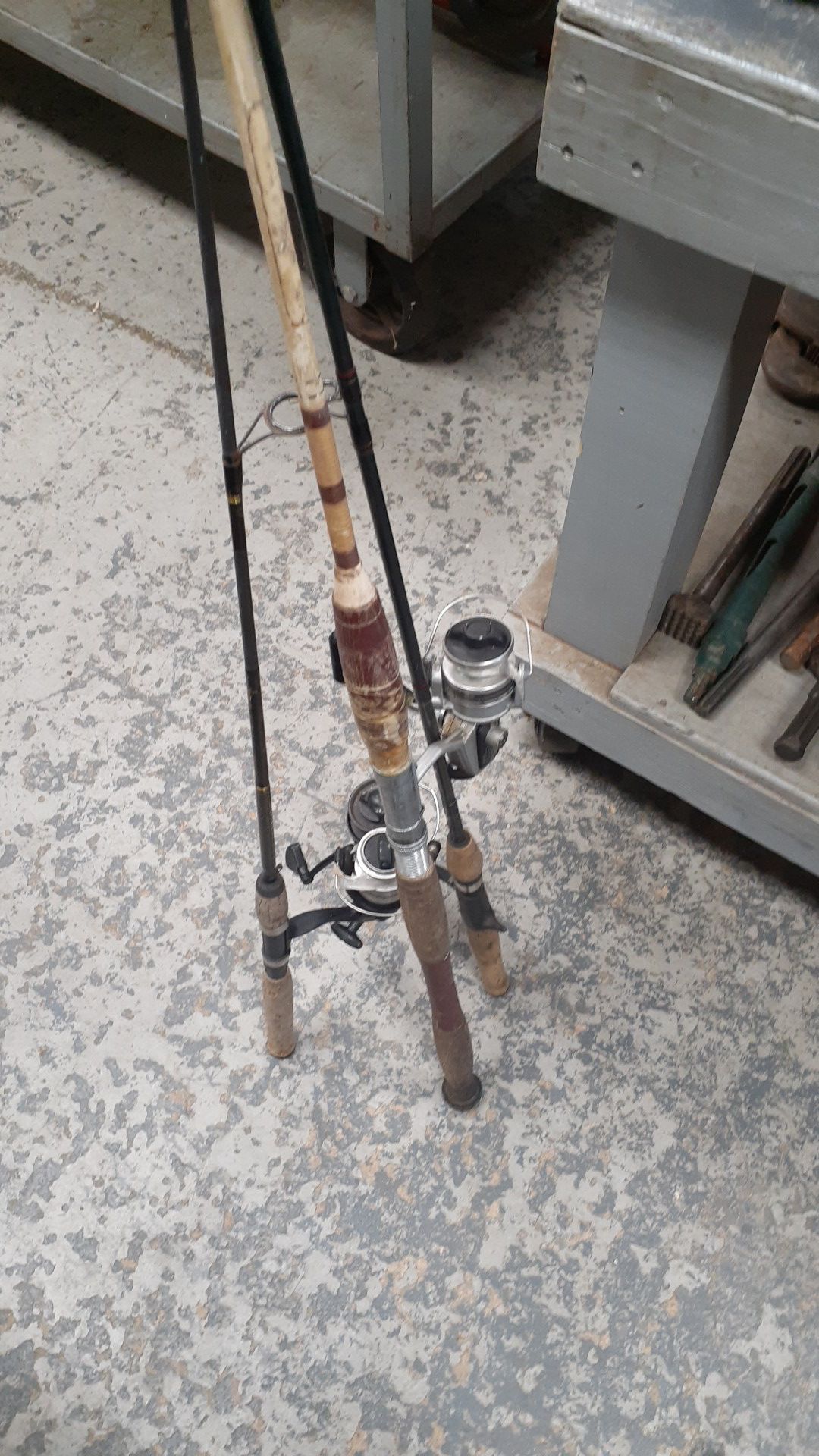 3 fresh water fishing rods. reels are good on all of them. like new. two of the rods are broken. one is in perfect shape.