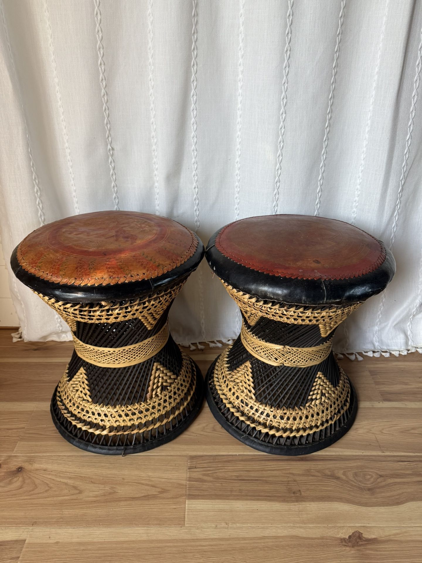 Pair Of Vintage Anglo Indian Leather And Wicker Stools