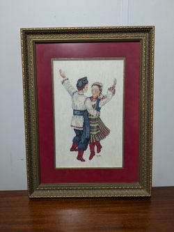 Vintage Framed Cross Stitch Of Russian Folk Dancers In Ornate Gold Frame