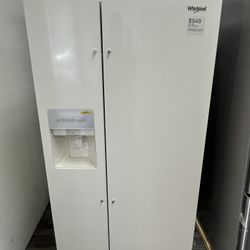 $949 WHIRLPOOL 33” 21.4 Cu Ft Side by Side Refrigerator in Biscuit