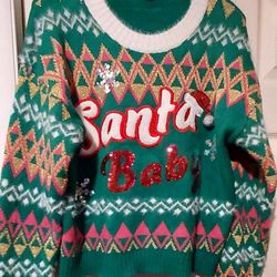 Christmas Ugly Kitschy Sweater Santa Baby Sequins Hat Green Bling Fuzzy Lg