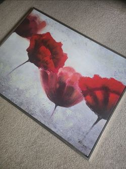 Red Floral Flowers Painting Framed Artwork Wall Decor Roses Poppy Flowers Red Tulips Signed