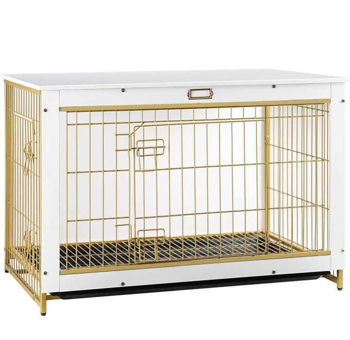 Dog Crate Furniture, 38.6" Large Dog Kennel Indoor, Wooden Cage with Pull-Out Tray, Double Doors Pet House Side End Table