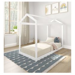 White Wood House Bed Frame + Gel Memory Foam Mattress – $250