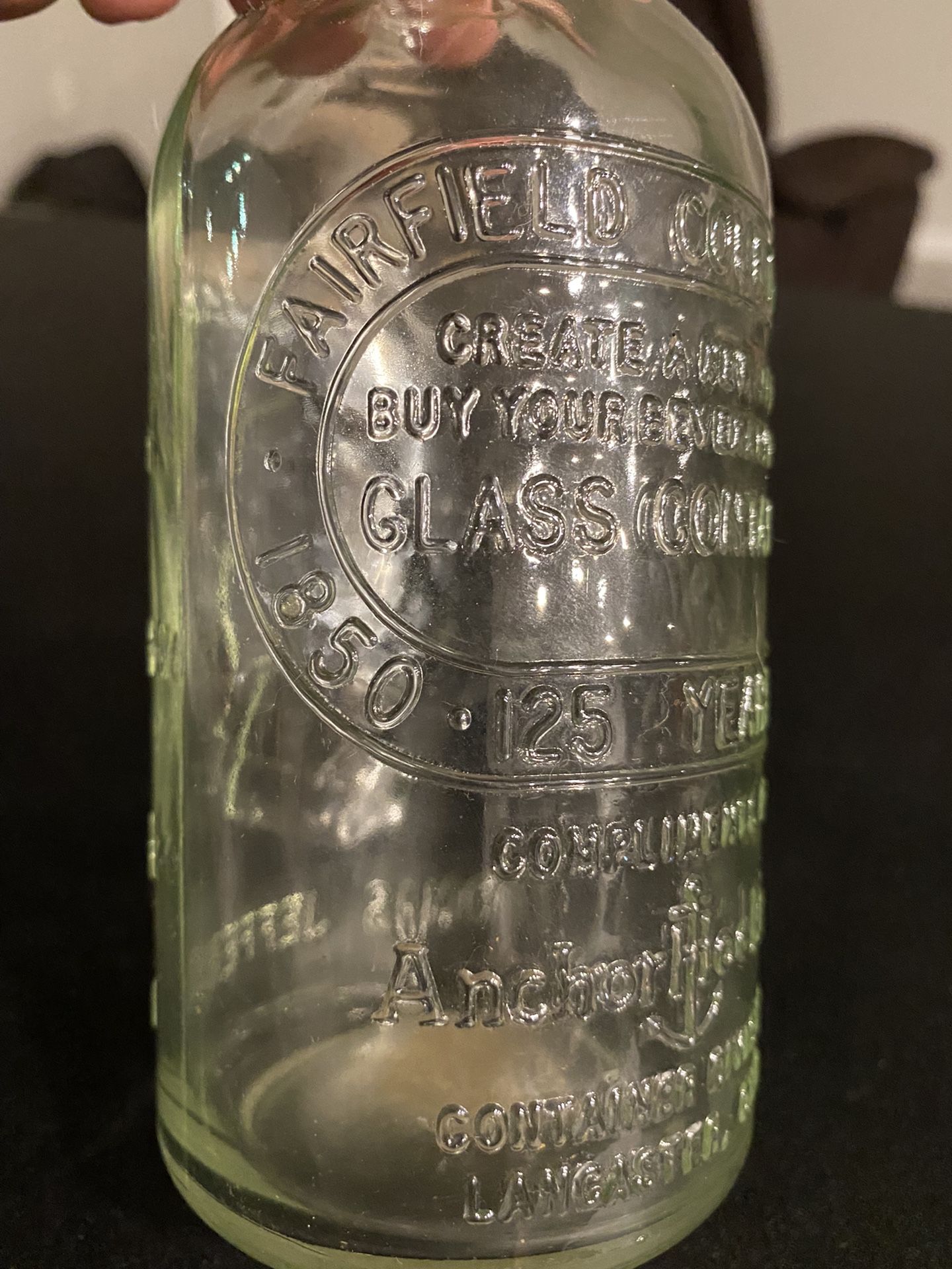 Bicentennial Bottle  Fairfield County Fair Souvenir  1   Compliments of Anchor Hocking Co.  Thomas Jefferson on front  6 1/4 inches high  