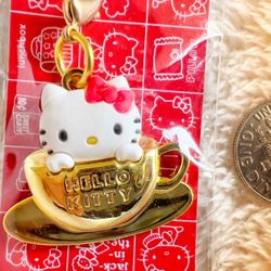 Hello Kitty Sanrio Japan Charm Strap Gold Tea Cup NIP