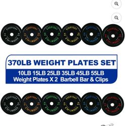 BalanceFrom Olympic Bumper Plate Weight Plate with Steel Hub, Black, 370 lbs Set with 7FT Olympic Barbell and Clips, Multiple Packages