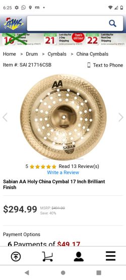 Sabian AA Holy China Cymbal 17 Inch Brilliant Finish Chad Smith