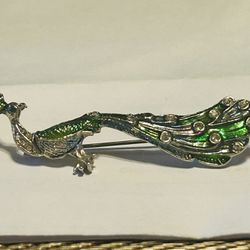 Vintage Peacock  Signed  Czech  Pin 3 Inches Long