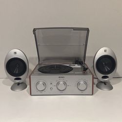 JENSEN JTA-220 3-Speed Turntable with AM/FM Stereo Receiver  2 KEF HTS2001 Egg Satellite Speakers 